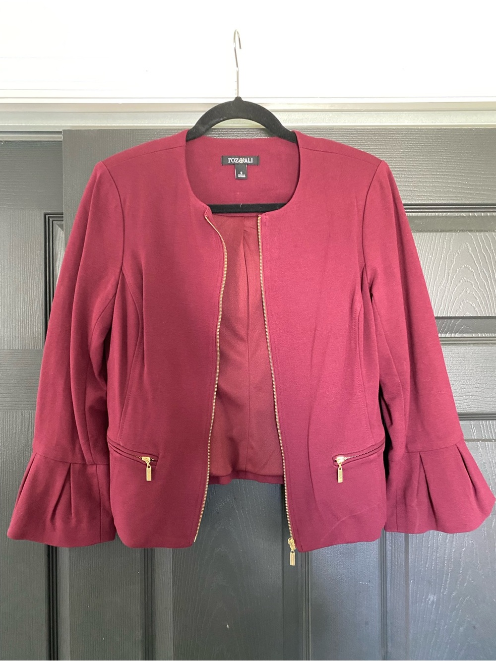 Roz&Ali Women’s Burgundy Zip-Front Bell Sleeve Jacket